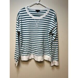 J Crew Striped Cream White Green Teal Fleece Coastal Vibes Sweatshirt Size M